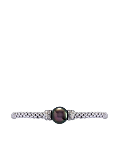 Fope 18kt White Gold Flexible Black Pearl And White Diamond Bracelet In Silver