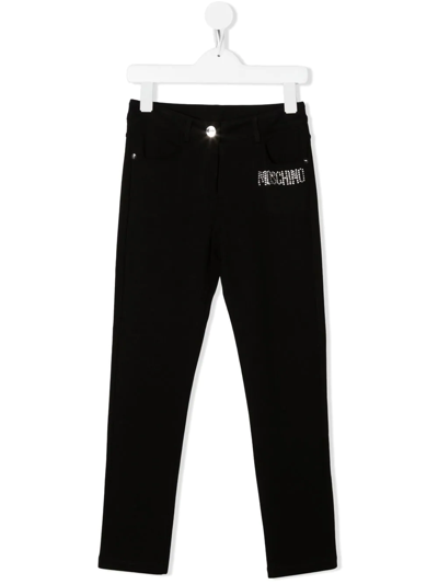 Moschino Kids' Embellished-logo Detail Trousers In Black