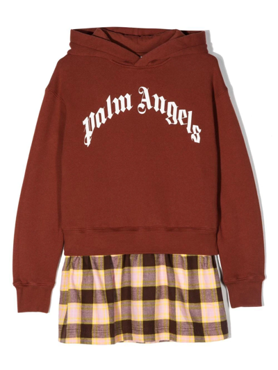 Palm Angels Kids' Logo-print Plaid Hoodie Panelled Dress In Brown