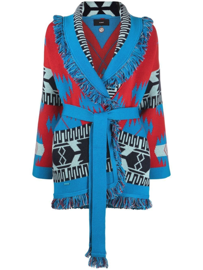 Alanui Woman Cardigan In Blue And Red Cashmere With Fringes In Multicolor