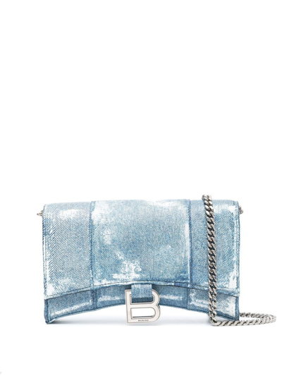 Balenciaga Hourglass Denim Chain Wallet Bag In Blue