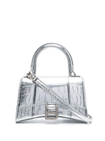 Balenciaga Hourglass Xs Metallic Leather Tote In Silver