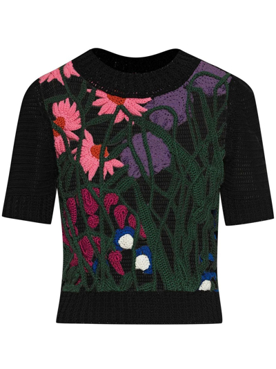 Oscar De La Renta Floral-embroidered Knitted Top In Black