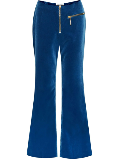 Oscar De La Renta Velvet Mid-rise Flared Trousers In Blue