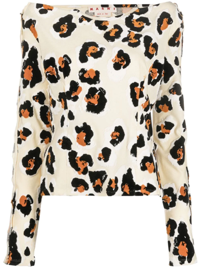 Marni Woman Long Sleeve T-shirt With Leopard Pattern In Jqw13 Antique White