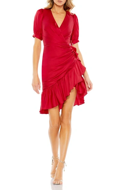 Ieena For Mac Duggal Wrap Front Satin Cocktail Dress In Rusty Red
