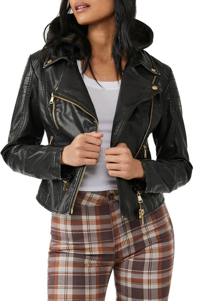 Free People Harriet Vegan Leather Hooded Moto Jacket In Black