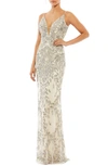 Mac Duggal Sequin Leaf Mermaid Gown In Silver Nude