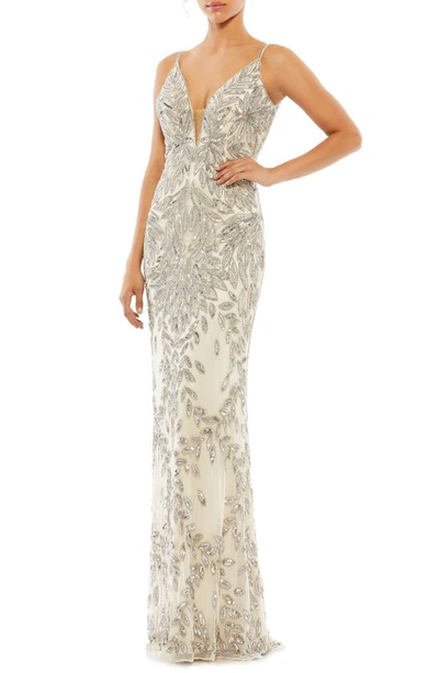 Mac Duggal Sequin Leaf Mermaid Gown In Silver Beige