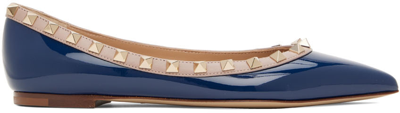 Valentino Garavani Navy Patent Rockstud Ballet Flats In V3s Worker/poudre