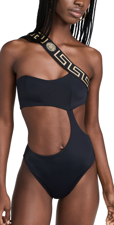 Versace Greca Border One-piece Swimsuit In Black