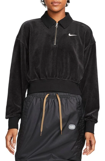 ★★Nike★★ Sportswear Velour Crop Quarter Zip Top W Black Nike cropped velour quarter zip sweatshirt in black | ASOS