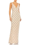 Mac Duggal Floral Bead Column Gown In Nude Silver