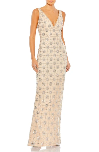 Mac Duggal Floral Bead Column Gown In Silver