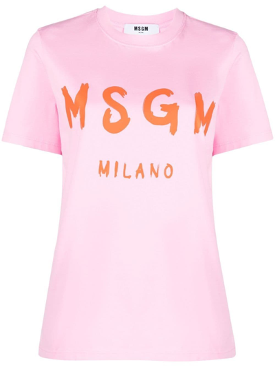 Msgm T-shirt With A Basic Line With Brushed Logo In Pink
