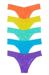 Hanky Panky 5 Pack Plus Size Signature Lace Thongs In Printed Box In Tango/sunny/blue/green/purple