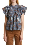 Sea Lucinda Ruffle Floral Print Top In Blue