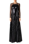AKRIS TULLE & SEQUIN LONG SLEEVE A-LINE GOWN