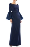 Mac Duggal Flounced Sleeve Square Neck Column Gown In Navy