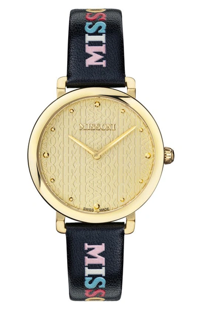 Missoni Lettering Leather Strap Watch, 38mm In Gold/multi