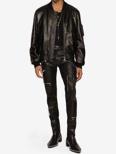 Dolce & Gabbana Black Leather Blouson Full Zip Bomber Jacket