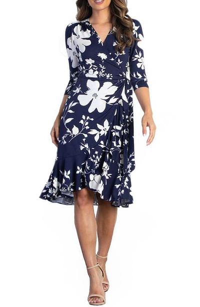 Kiyonna Flirty Flounce Floral Print Wrap Dress In Blue