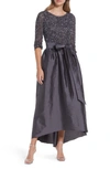 Pisarro Nights Beaded Bodice Taffeta A-line Gown In Grey