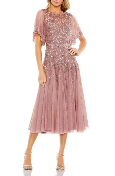 Mac Duggal Sequin & Crystal Embellished Ruffle Sleeve Midi Cocktail Dress In Rosewood