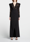 Tadashi Shoji Scallop Lace V-neck Long-sleeve Crepe Gown In Black/nude