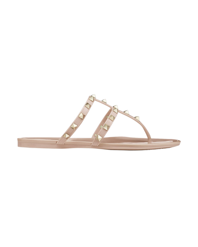 Valentino Rockstud T-strap Flat Slide Sandals In P45 Poudre
