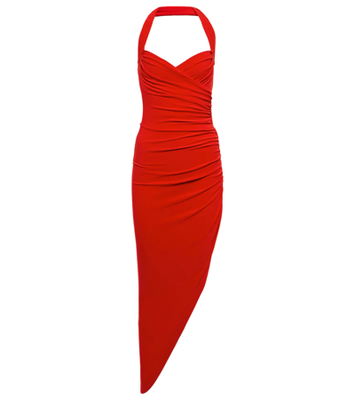 Norma Kamali Cayla Halterneck Ruched Midi Dress In Red