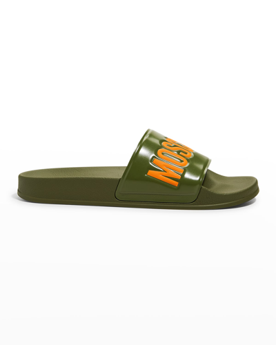 Moschino Khaki Logo Pool Slides In Army Green
