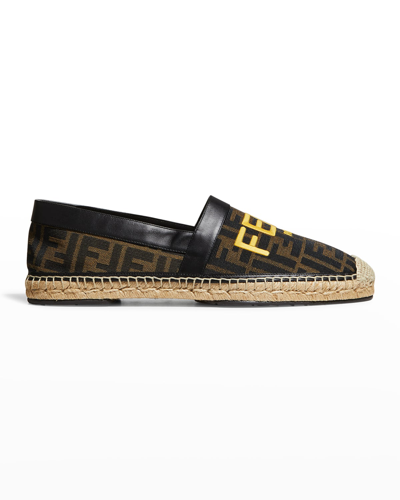 Fendi Logo-embroidered Leather-trimmed Canvas-jacquard Espadrilles In Tobacco