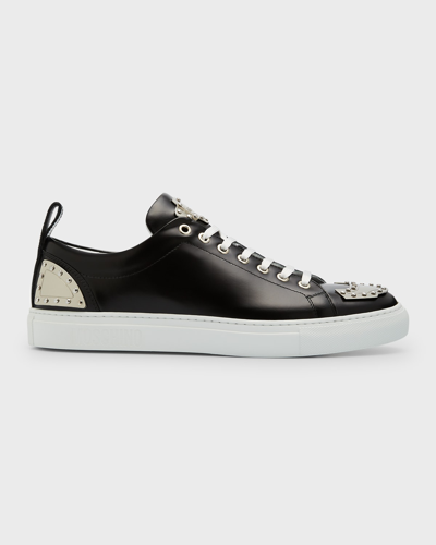 Moschino Men's Leather Low-top Trainers W/ Metal Plaqu&eacute;s In Black Multi