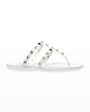 Valentino Garavani Rockstud T-strap Flat Slide Sandals In White