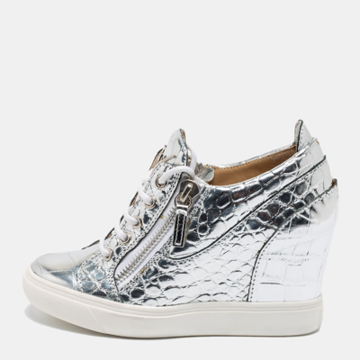 Pre-owned Giuseppe Zanotti Silver Croc Embossed Leather Double Zip Wedge Sneakers Size 37