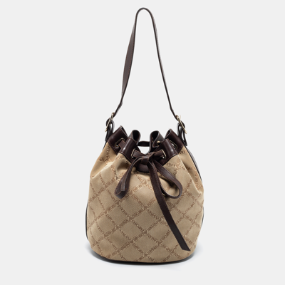 Pre-owned Emporio Armani Brown/beige Signature Fabric And Leather Drawstring Bucket Bag