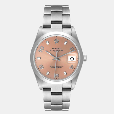 Pre-owned Rolex Salmon Stainless Steel Oyster Perpetual 15200 Men's Wristwatch 34 Mm In Pink