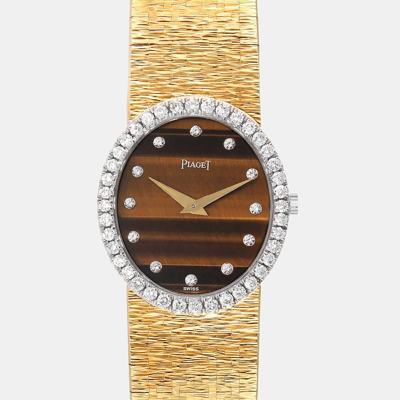Pre-owned Piaget Brown Diamonds 18k Yellow Gold Tiger Eye Vintage Cocktail 9826 Women's Wristwatch 24 Mm