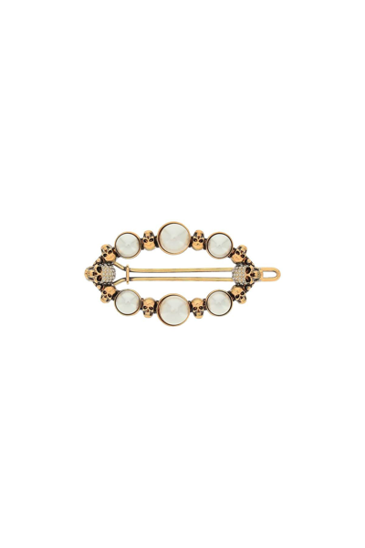 Alexander Mcqueen Pearl-embellished Skull Hairclip In Antique Gold