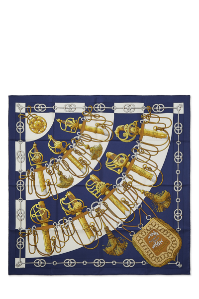 Pre-owned Hermes Navy & Multicolor 'cliquetis' Silk Scarf 90