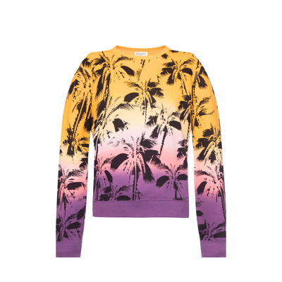 Saint Laurent Palm Print Cotton Sweatshirt In Purple
