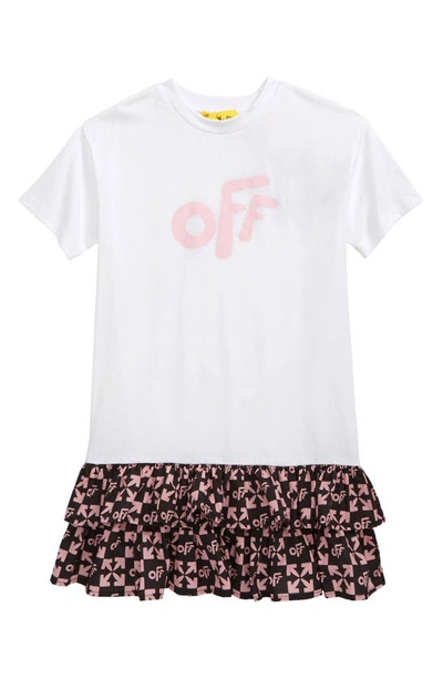 Off-white Kids' Logo Tiered Drop Waist T-shirt Dress In Whitepink