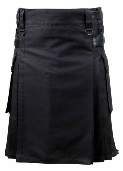 Pre-owned Handmade Black Active Men Utility Kilt With Adjustable Leather Straps