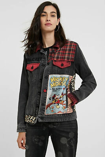 Pre-owned Desigual Aw20 India Denim Jacket Mickey Mouse Tartan & Leopard 20wwed32