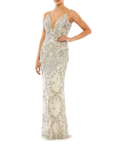 Mac Duggal Beaded V-neck Gown In Silver Beige