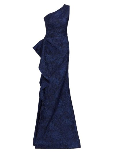 Teri Jon By Rickie Freeman Metallic Jacquard One-shoulder Gown In Black Blue