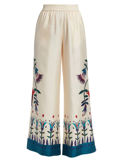 La Doublej Palazzo Cream Printed Silk-satin Trousers In Iside Avorio