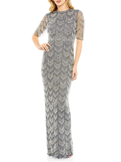 Mac Duggal Beaded Fringe Quarter Sleeve Column Gown In Charcoal