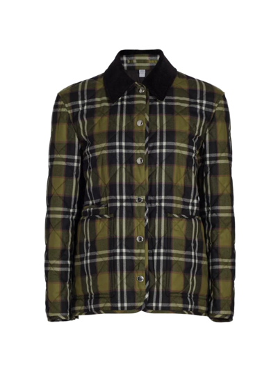Burberry Corduroy-trimmed Checked Quilted Wool-twill Jacket In Green